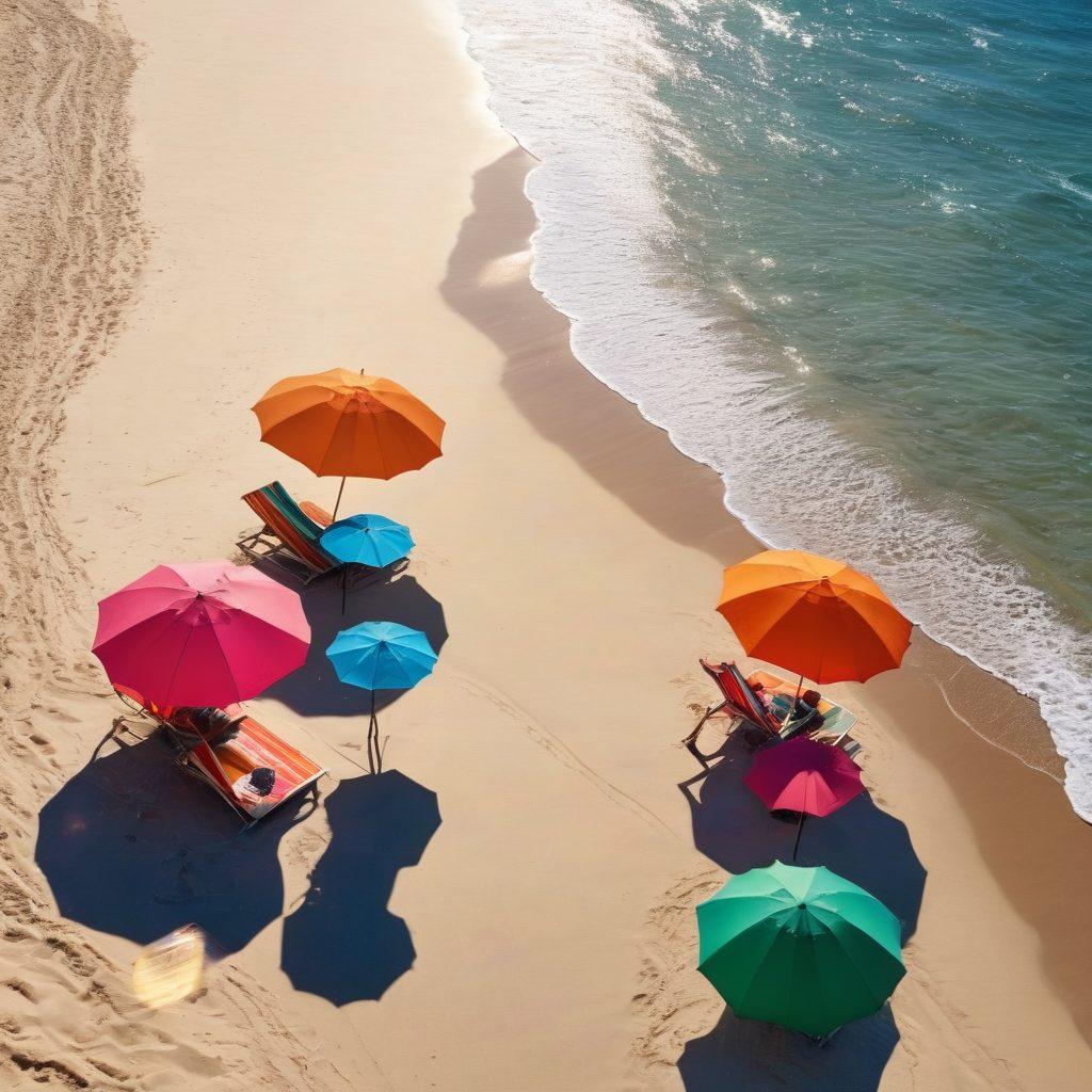 A vibrant beach scene showcasing diverse individuals in stunning beachwear, enjoying the sun and sand. Include colorful umbrellas, sun loungers, and gentle waves in the background. Highlight various styles of swimsuits and cover-ups, with people laughing and having fun. The sun shining bright in a clear blue sky for a warm ambiance. A sandy beach with seashells scattered around. vibrant colors. super-realistic.